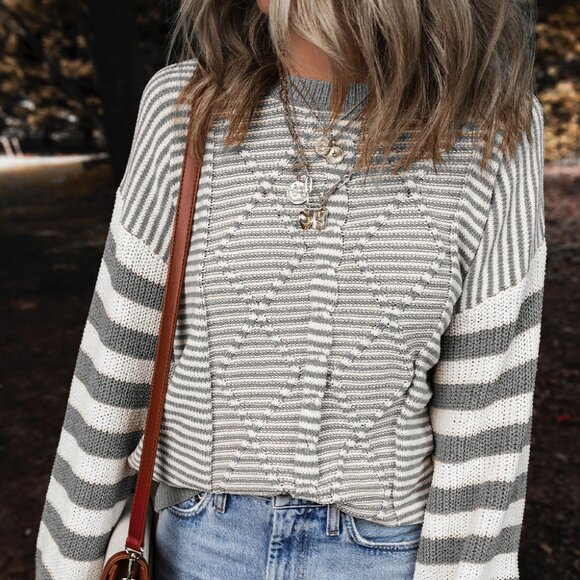 B013 Gray Stripe Geometric Textured Drop Shoulder Sweater - Picture 1 of 3